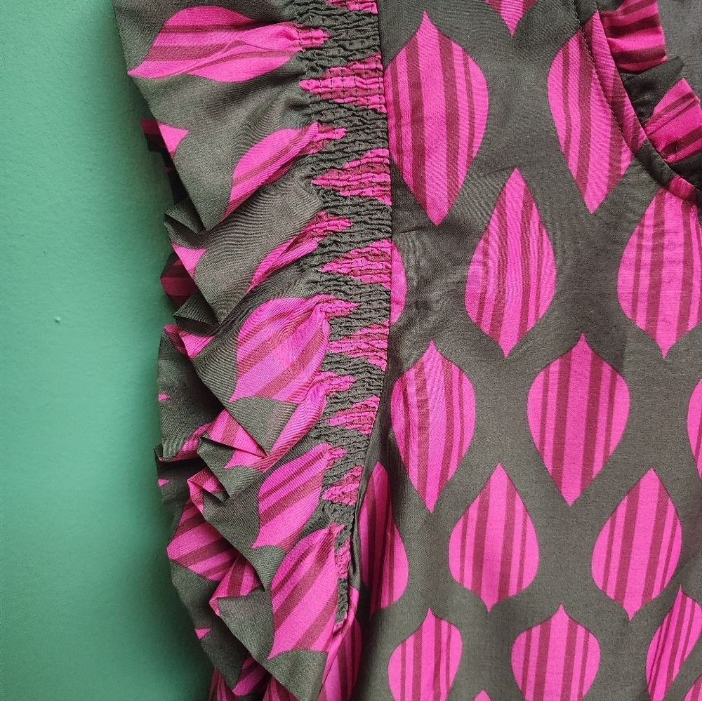 J.Marie Pink & Olive Print Ruffle Sleeve Blouse | Flutter Sleeve Top - Picture 3 of 4
